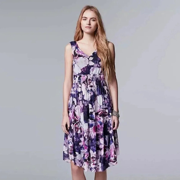 Simply Vera Verawang Purple and Pink Floral Dress S - Picture 1 of 6